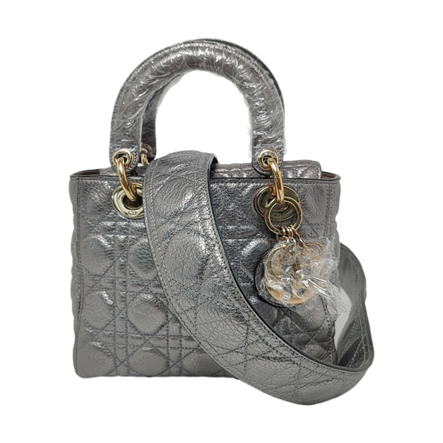 Lady Dior Small Supple Calfskin Leather Metallic Grey Cannage Handbag with Strap-Luxbags