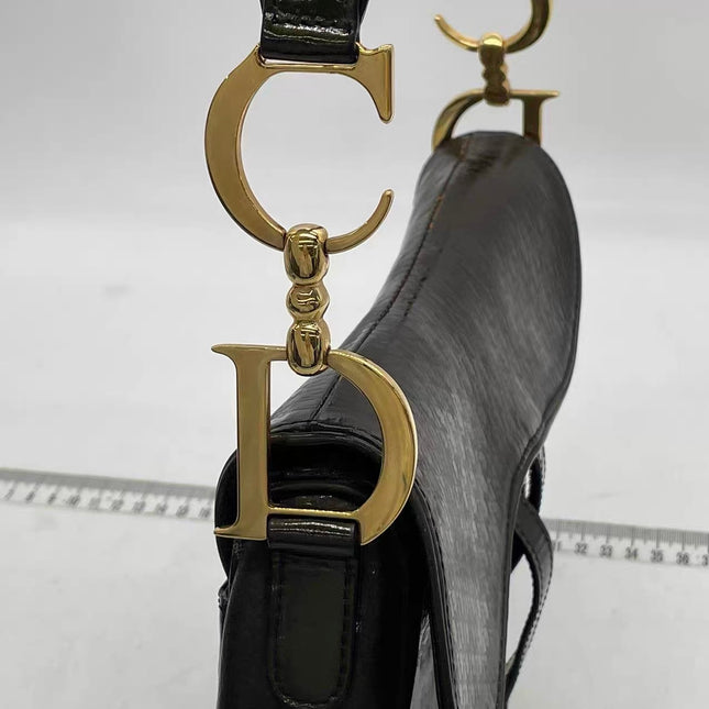 Dior Saddle Small Vintage Shoulder Bag Dark Green Oblique Print Patent Leather