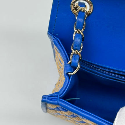 Chanel Mini Raffia Jute Striped Flap Bag Blue Diamond Wild Stitch