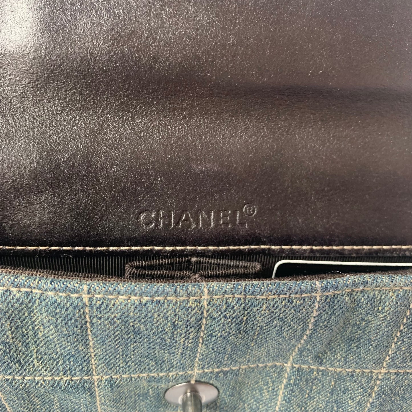 Chanel East West Chocolate Bar Green Denim with Leather Lining Shoulder Bag