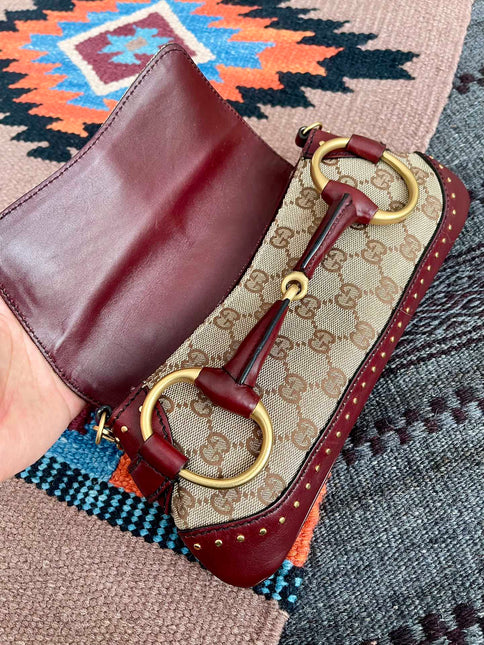 Gucci Horsebit 1955 Small Cloth Beige Monogram Burgundy Leather Shoulder bag
