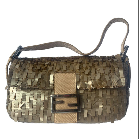 Fendi Baguette in Gold sequins and python leather-Luxbags