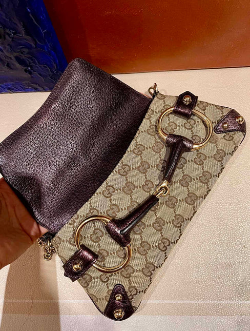 Sold Gucci Horsebit 1955 Chain Bag Gucci Monogram Iridescent Purple Leather and Gold Studs