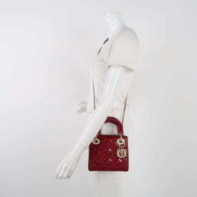 Lady Dior Mini Handbag 2017 Red Patent Leather Gold-tone Chain Strap