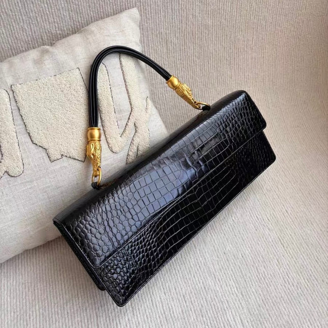 Hiroko Koshino Black Crocodile Print Calfskin Leather East West Clutch Bag