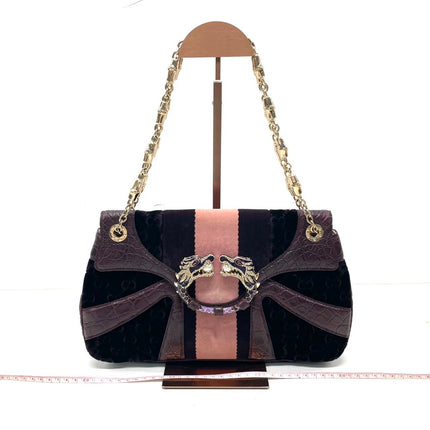 Gucci Jeweled Dragon Bag Purple Crocodile and GG Velvet Bamboo Chain Strap Shoulder Bag-Luxbags