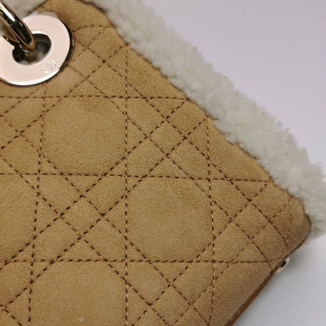 Lady Dior Mini Handbag Brown Leather Shearling Gold Hardware