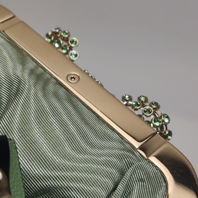 Gucci Mini Crystal Monogram and Bow Green Nylon Clutch With Chain