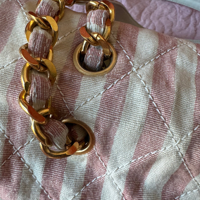 Chanel Vintage XXL Maxi Pink Striped Travel Flap Bag Canvas Gold Hardware