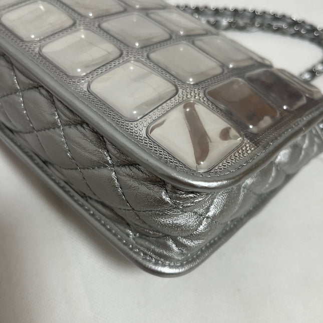 Chanel Ice Cube Chocolate Bar Classic Flap Metallic Silver PVC with Leather