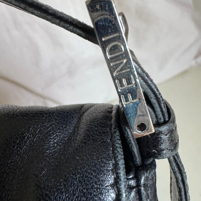 Fendi Mamma Baguette Black Lambskin Leather Green Enamel Buckle