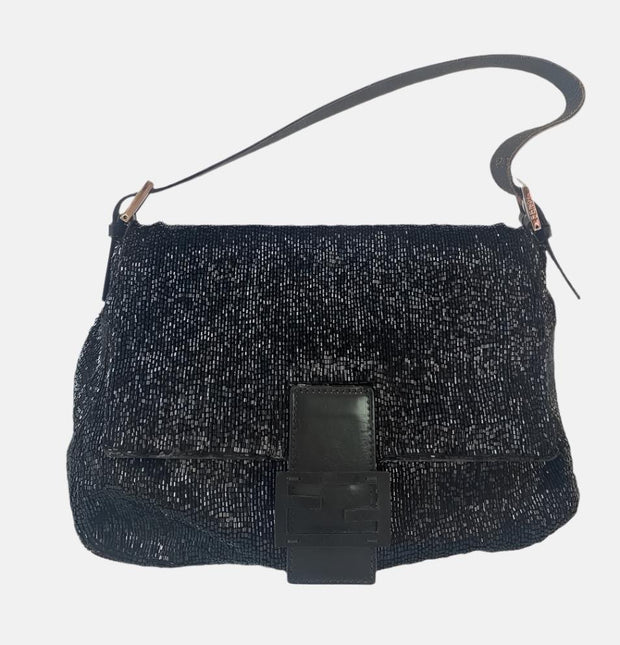 Sold Fendi Mamma Baguette Black Beaded Shoulder Bag-Luxbags