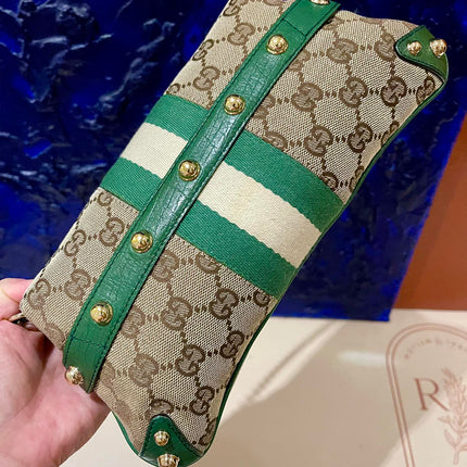 Gucci Horsebit 1955 Chain Bag Gucci Monogram Green Leather and Gold Studs