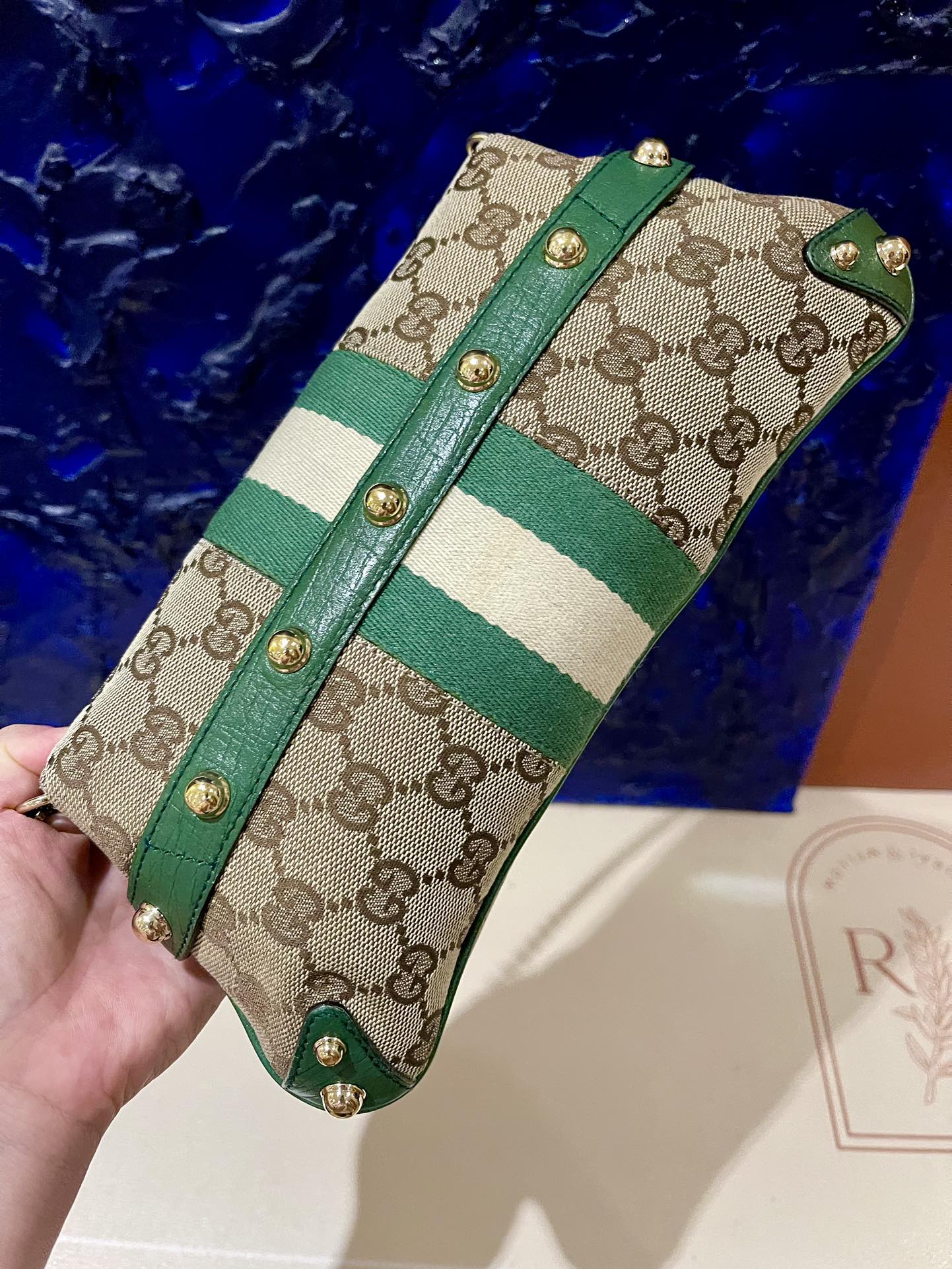 Gucci Horsebit 1955 Chain Bag Gucci Monogram Green Leather and Gold Studs