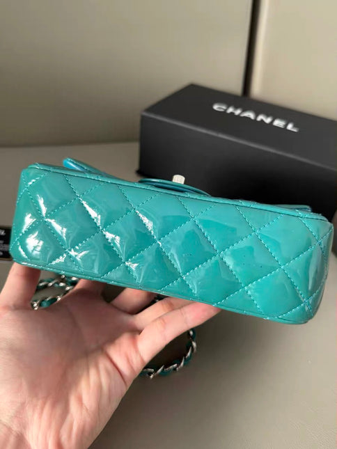 Chanel Classic Flap Rectangular Mini Blue Patent Leather Silver Hardware