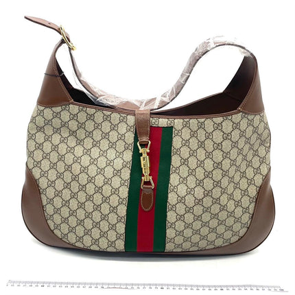 Gucci Jackie 1961 Large Brown Leather and Monogram Web with Long Strap