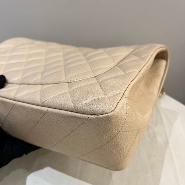 Chanel Classic Flap Jumbo Beige Caviar Leather Single Flap Silver Hardware
