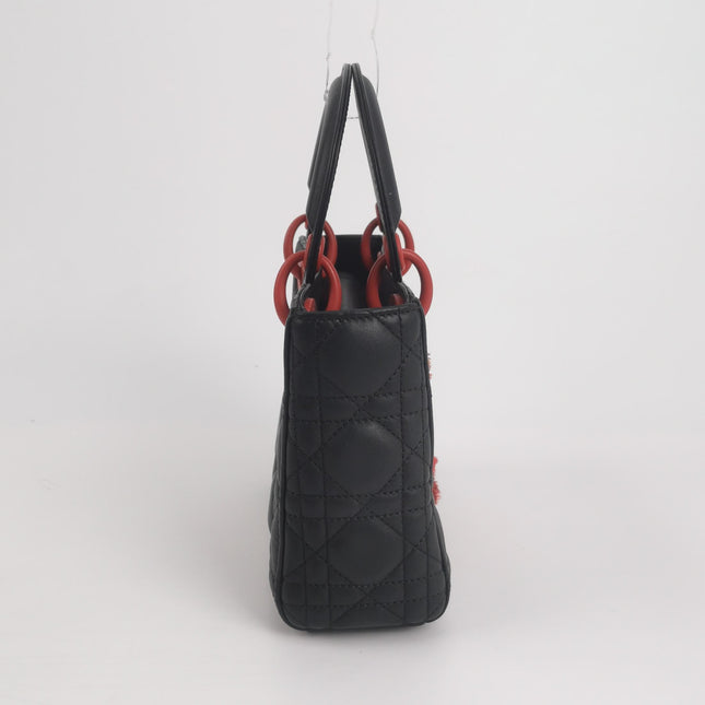Lady Dior Mini Black Lambskin Leather Red Tulle Ruffle Heart Silver Hardware 2019