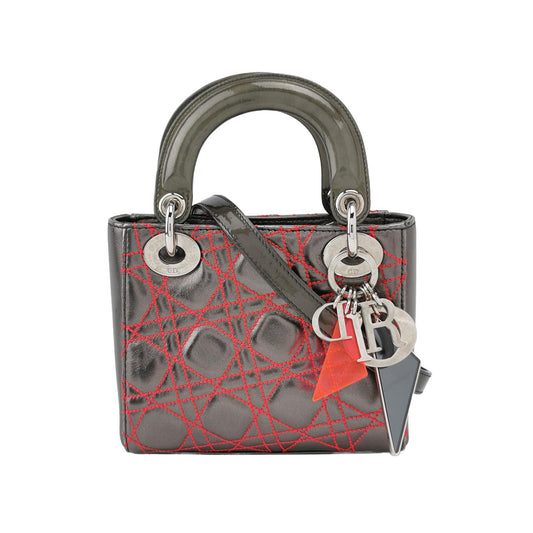 Lady Dior Mini Grey Leather with Red Cannage Stitching 2011 Dior X Anselm Reyle Collection-Luxbags