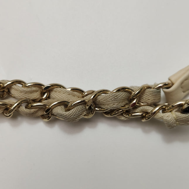 Chanel Deauville Tote Light Beige Stripes Cloth Leather Chain Handle Small 34cm