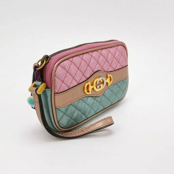 Sold Gucci Pink Teal Mini Metallic Laminated Trapuntata Leather Horsebit Clutch Pouch
