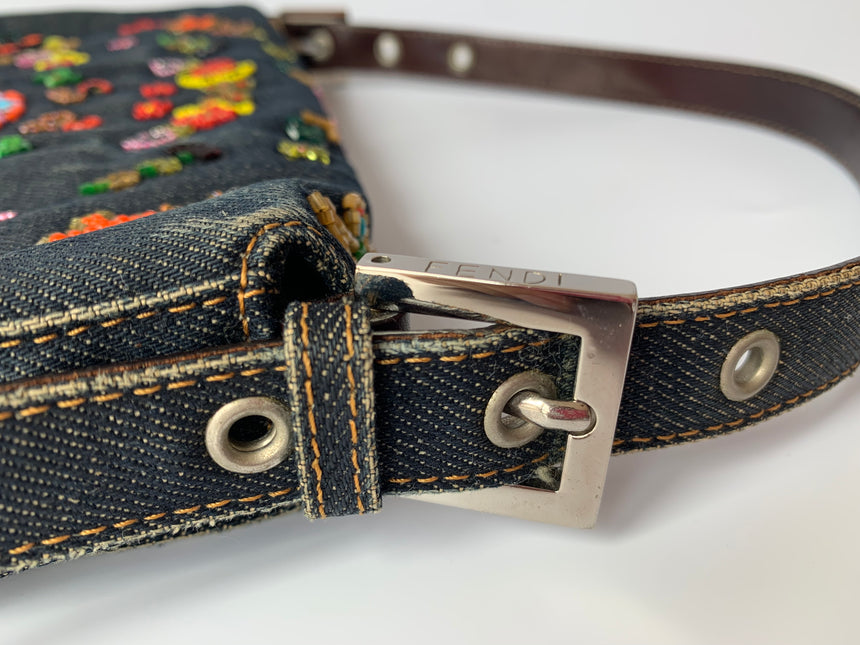 Sold FENDI Baguette Blue Denim with beaded Flower Embroidery