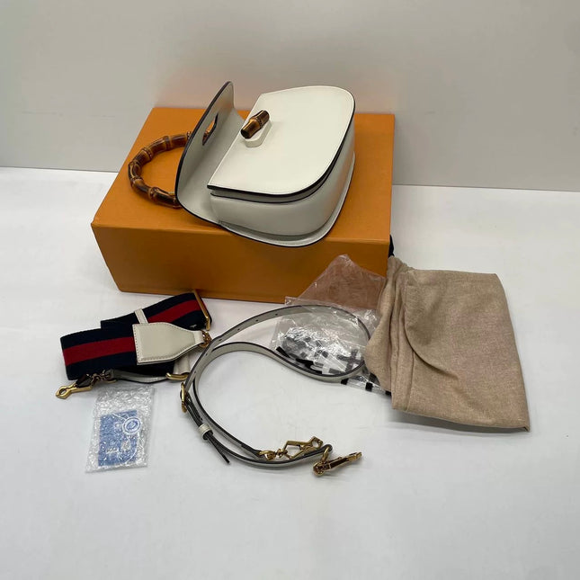 Gucci Bamboo 1947 Top Handle Bag Small White Box Leather Canvas Strap
