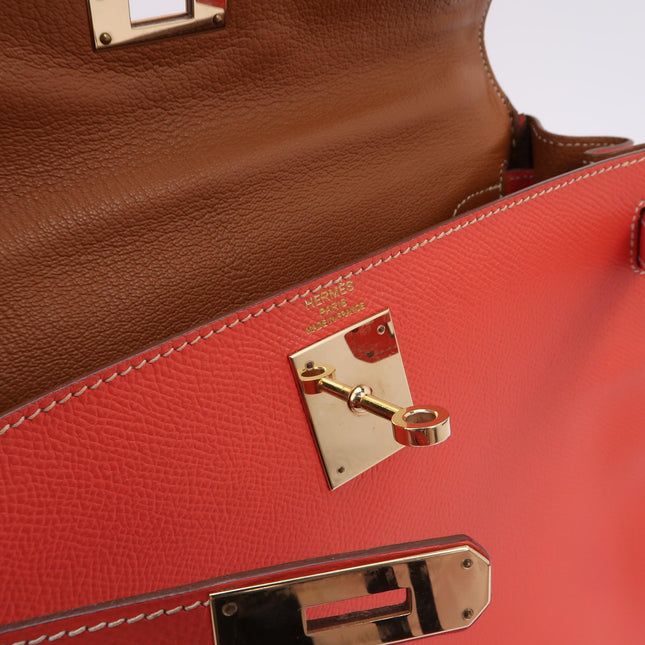 Hermes Kelly 28 Retourne Calfskin Leather Rose Exterior Brown Interior Gold Hardware Double Ring