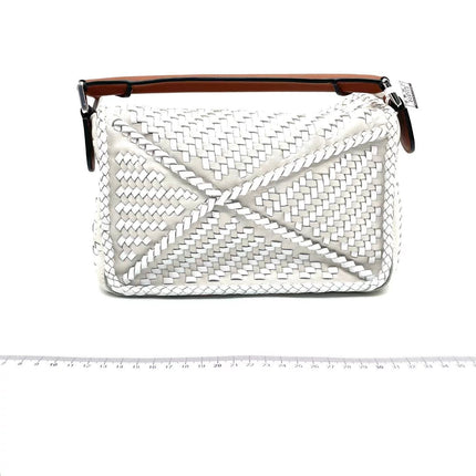 Loewe Puzzle Small Leather Woven Braided White Crossbody Bag