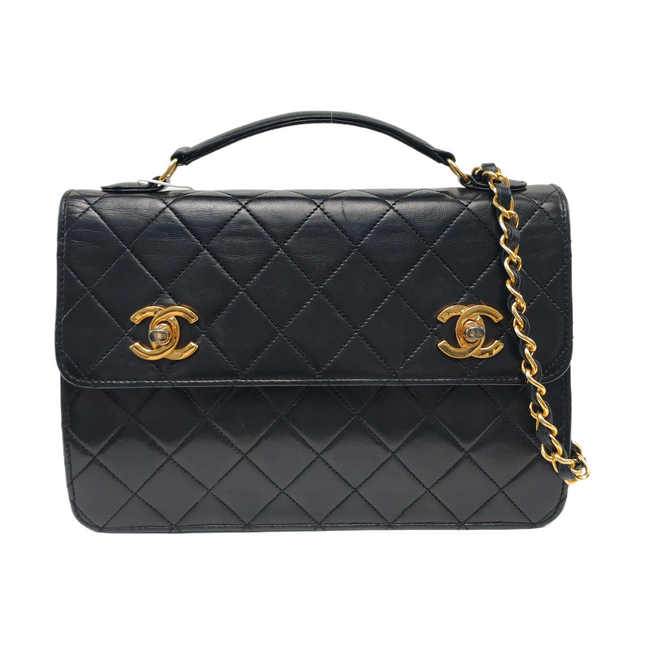 Chanel Vintage Double CC Turnlock Small Black Lambskin Leather 2Way Shoulder Bag-Luxbags
