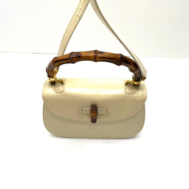 Gucci Bamboo 1947 Vintage Small White Box Leather Top Handle and Leather Strap Bag