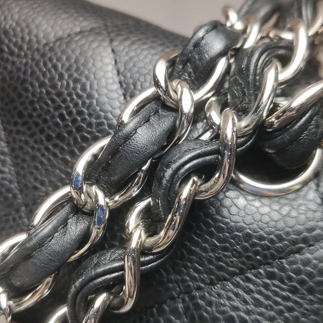 Chanel Classic Flap Maxi Black Caviar Leather Double Flap Sliver Hardware
