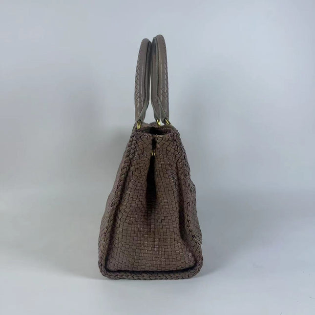 Prada Madras Brown Woven Leather Top Handle Shopping Tote Medium