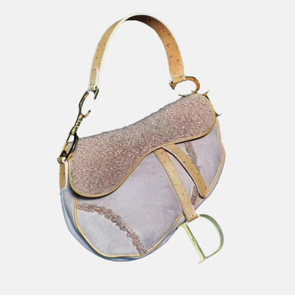 Dior Saddle Vintage Shoulder Bag Medium Shearling and Ostrich Leather Pink-Luxbags
