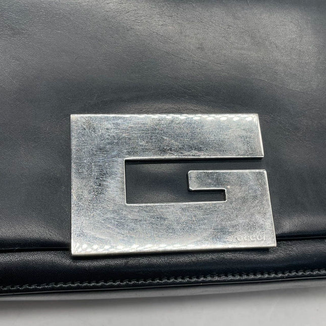 Gucci Vintage Black Leather Shoulder Bag Jumbo Square G Logo