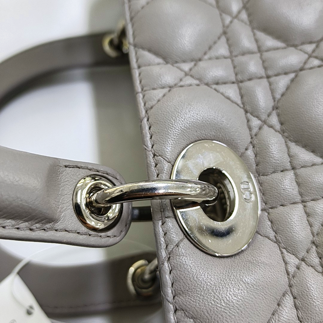 Lady Dior Medium Grey Lambskin Leather Silver Hardware Leather Strap