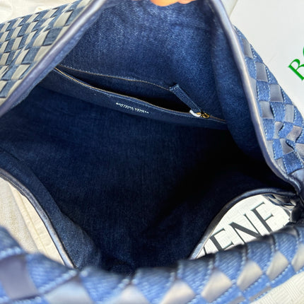 Bottega Veneta Hop Large Leather and Denim Intrecciato Navy Hobo Bag 55cm