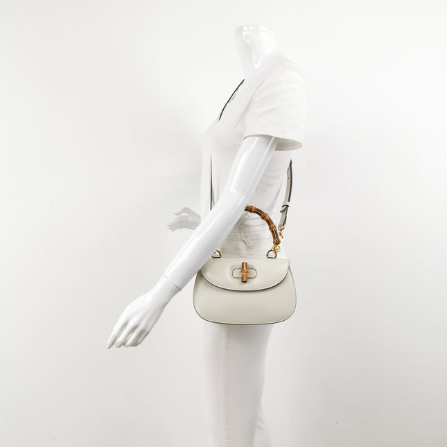 Gucci Bamboo 1947 Top Handle Bag Small White Box Leather Canvas Strap