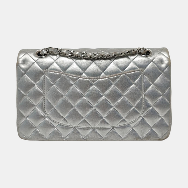 Chanel Classic Flap Medium Silver Lambskin Leather Silver Hardware