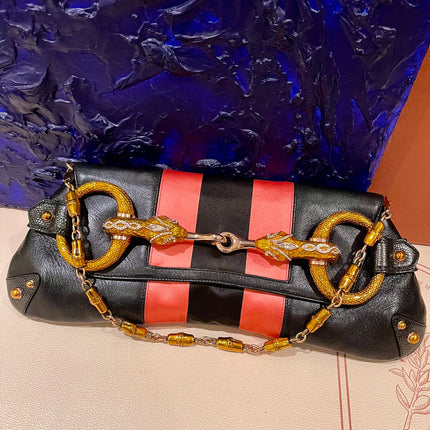 Gucci Horsebit 1955 Large Black Leather Embellished Snake Head Buckle