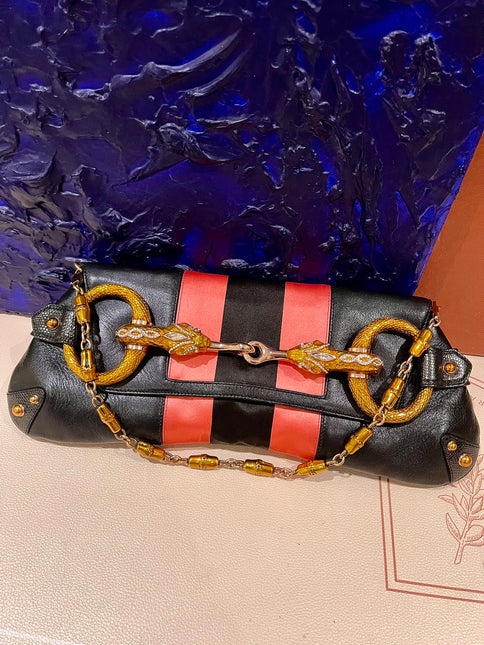 Gucci Horsebit 1955 Large Black Leather Embellished Snake Head Buckle