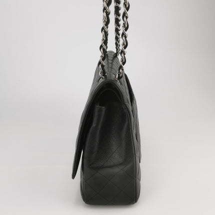 Chanel Classic Flap Maxi Black Caviar Leather Double Flap Sliver Hardware