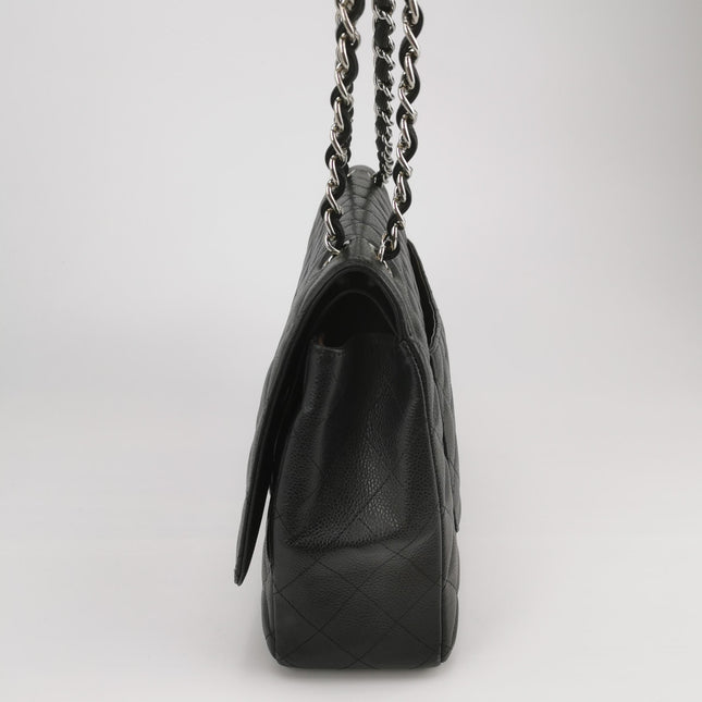 Chanel Classic Flap Maxi Black Caviar Leather Double Flap Sliver Hardware