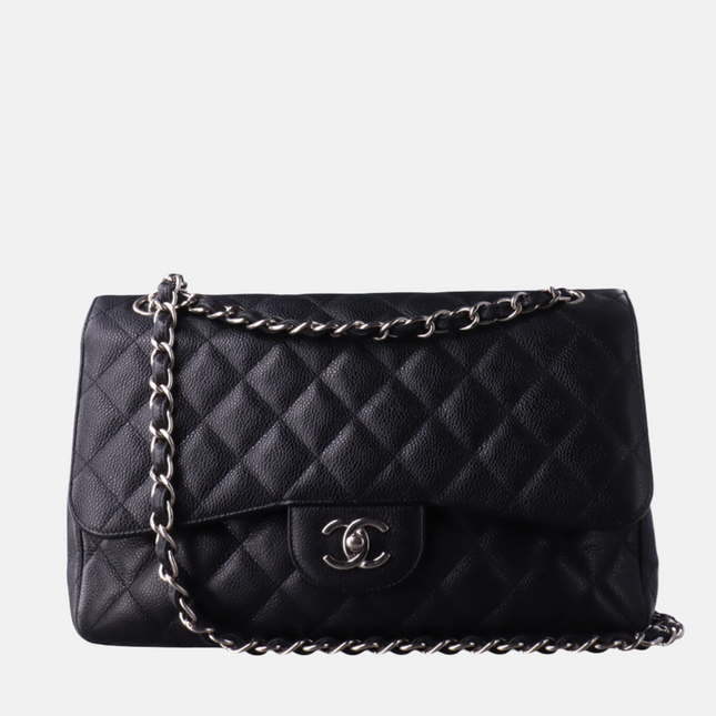 Chanel Classic Flap Jumbo 2010 Black Caviar Leather Double Flap with Silver Hardware-Luxbags