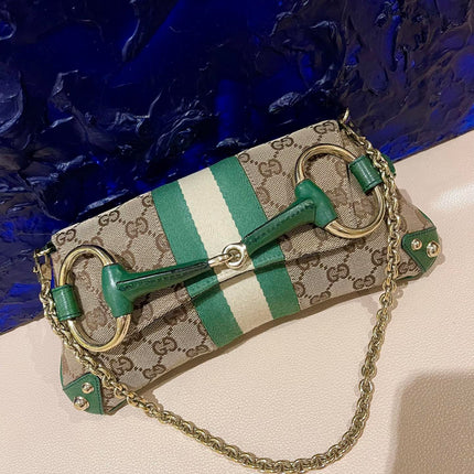 Gucci Horsebit 1955 Chain Bag Gucci Monogram Green Leather and Gold Studs
