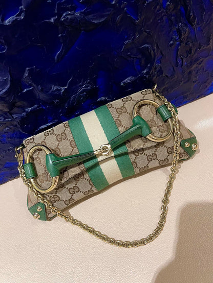 Gucci Horsebit 1955 Chain Bag Gucci Monogram Green Leather and Gold Studs