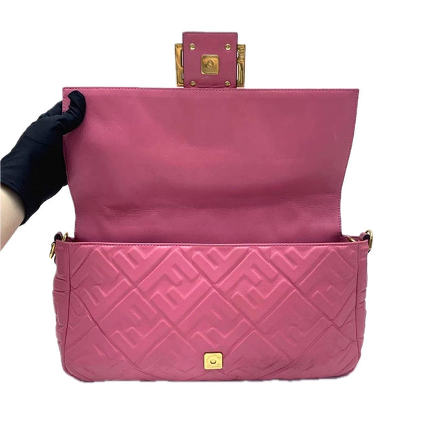 Fendi Baguette Large Pink Leather 3D FF Motif Crossbody Bag
