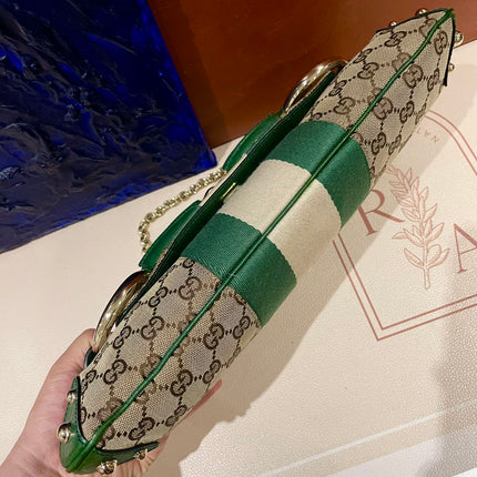 Gucci Horsebit 1955 Chain Cloth Green Web Monogram Leather and Gold Studs