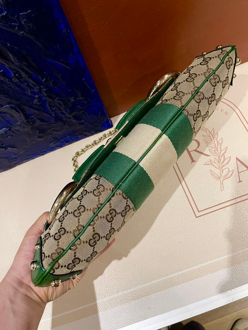 Gucci Horsebit 1955 Chain Cloth Green Web Monogram Leather and Gold Studs
