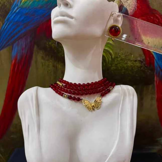 Ferragamo Vintage Rare Red Ruby Beads Necklace Gold Plated Butterfly Signed